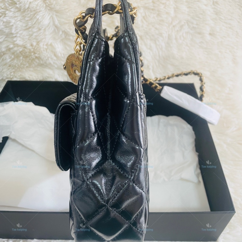 全新25C Chanel 天貓精靈包 黑金中號油臘牛皮,芯片款-13