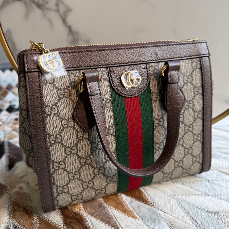 GUCCIOphidia系列綠紅綠織帶皮革飾邊手提/斜背包 (棕色)-1