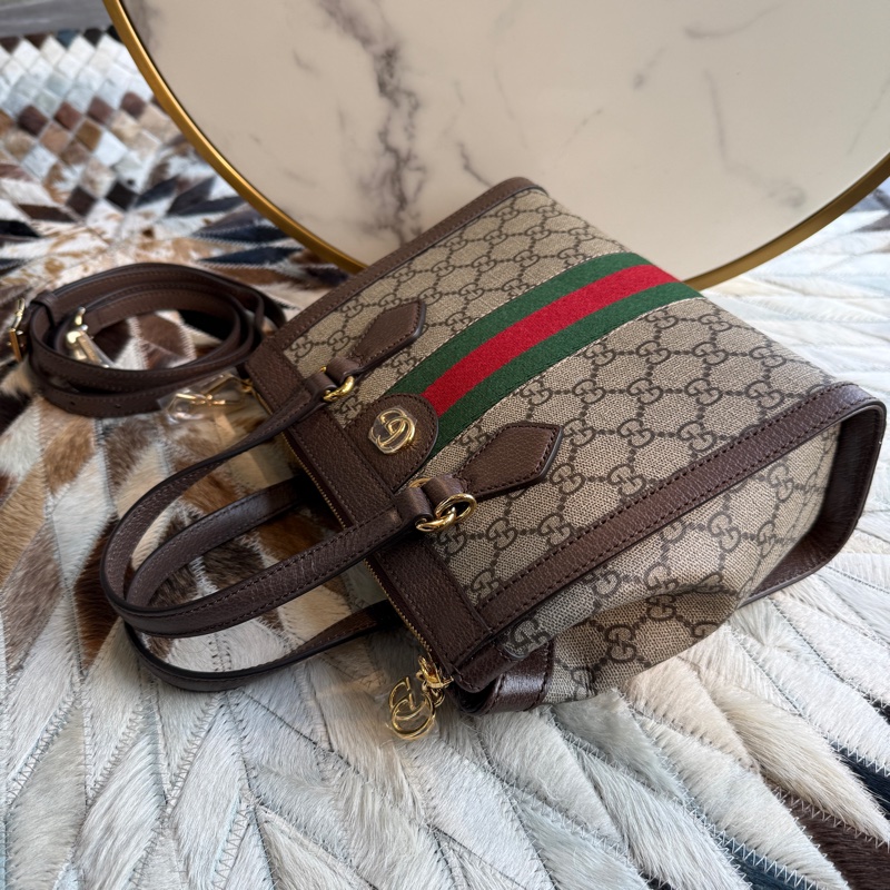 GUCCIOphidia系列綠紅綠織帶皮革飾邊手提/斜背包 (棕色)-3