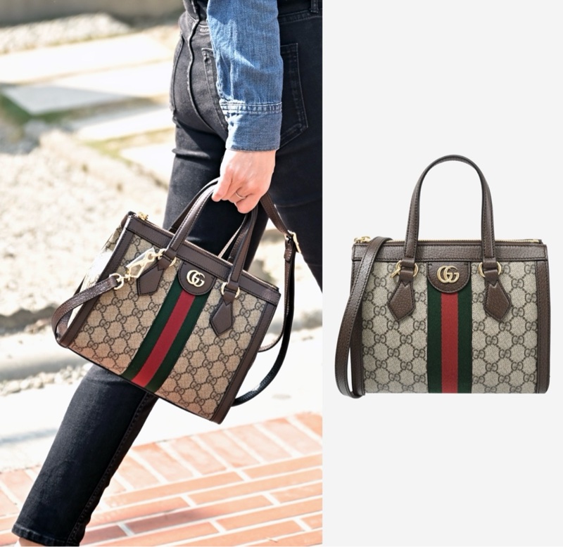 GUCCIOphidia系列綠紅綠織帶皮革飾邊手提/斜背包 (棕色)-5