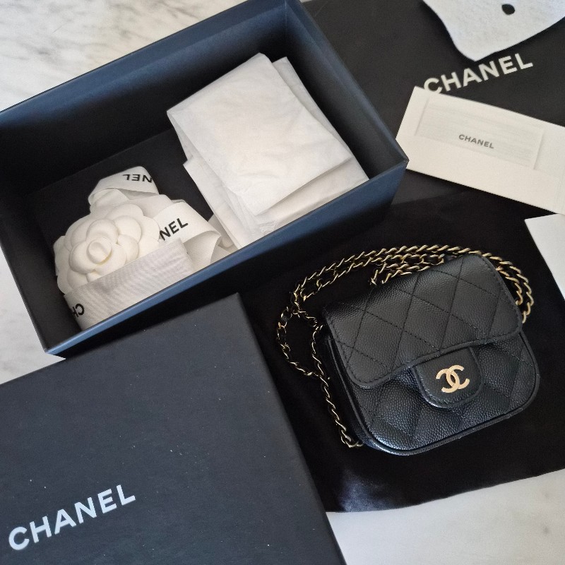 Chanel香奈兒黑淡金荔枝皮mini cf鏈條包全配 斜背包 口蓋包 小廢包-0
