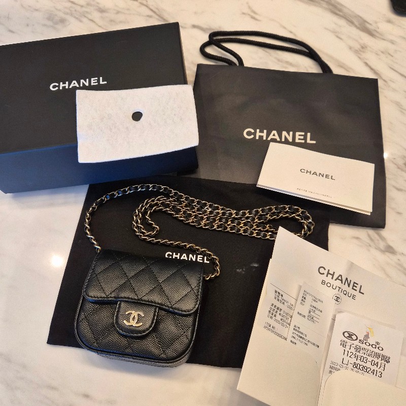 Chanel香奈兒黑淡金荔枝皮mini cf鏈條包全配 斜背包 口蓋包 小廢包-1