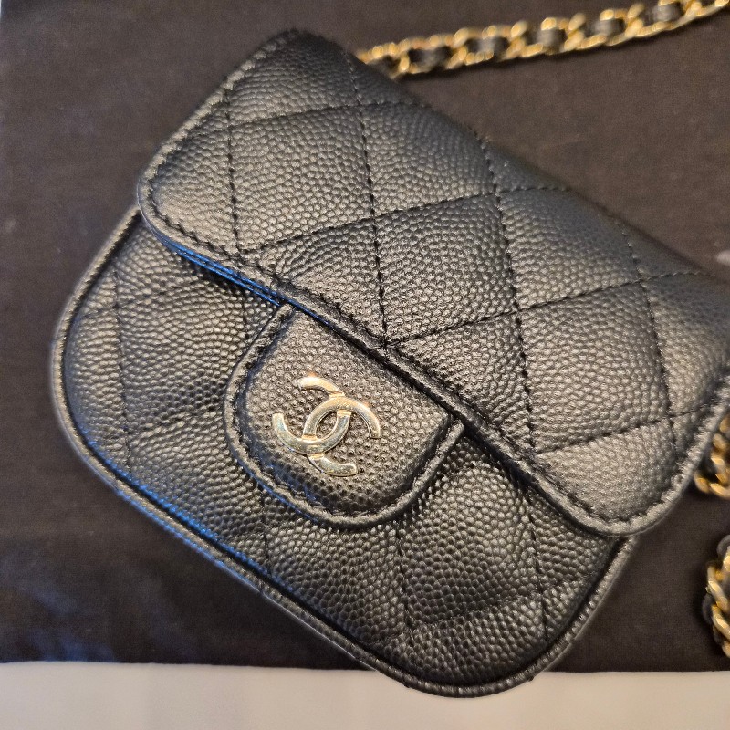 Chanel香奈兒黑淡金荔枝皮mini cf鏈條包全配 斜背包 口蓋包 小廢包-3