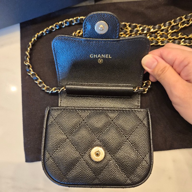 Chanel香奈兒黑淡金荔枝皮mini cf鏈條包全配 斜背包 口蓋包 小廢包-4