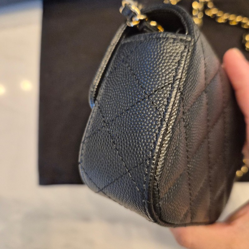 Chanel香奈兒黑淡金荔枝皮mini cf鏈條包全配 斜背包 口蓋包 小廢包-6