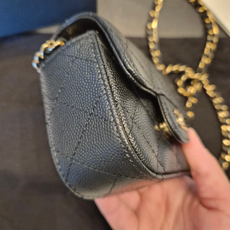 Chanel香奈兒黑淡金荔枝皮mini cf鏈條包全配 斜背包 口蓋包 小廢包-8