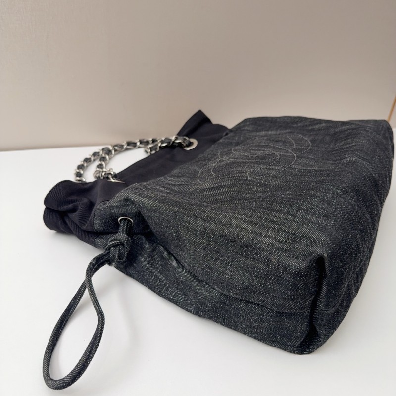 Chanel牛仔托特燒賣鏈條包 經典雙C刺繡 黑色牛仔-3