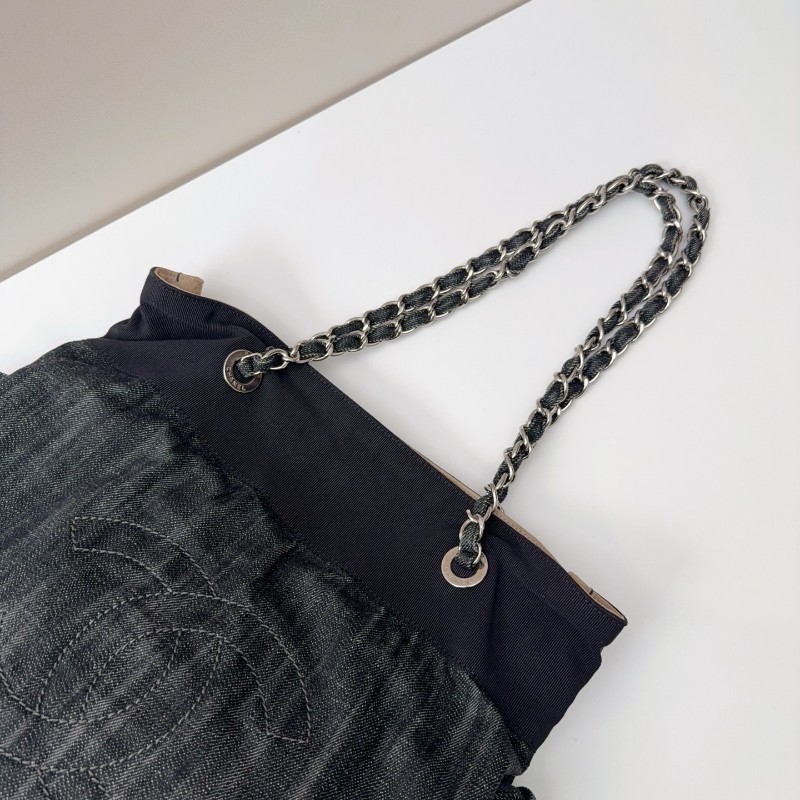 Chanel牛仔托特燒賣鏈條包 經典雙C刺繡 黑色牛仔-6