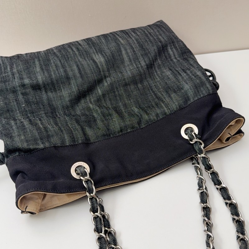 Chanel牛仔托特燒賣鏈條包 經典雙C刺繡 黑色牛仔-7