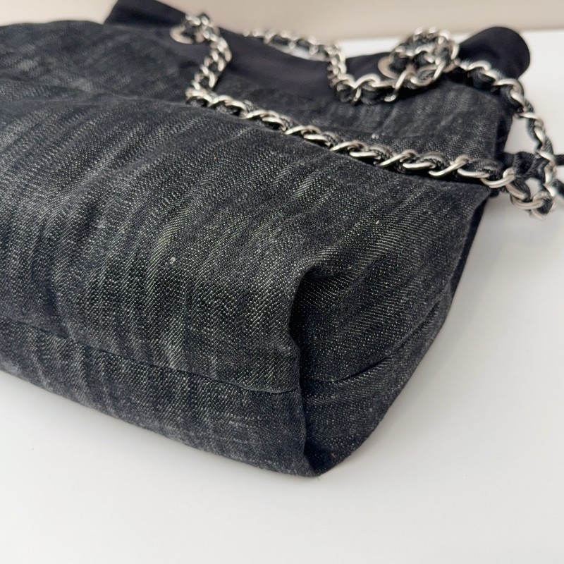 Chanel牛仔托特燒賣鏈條包 經典雙C刺繡 黑色牛仔-9