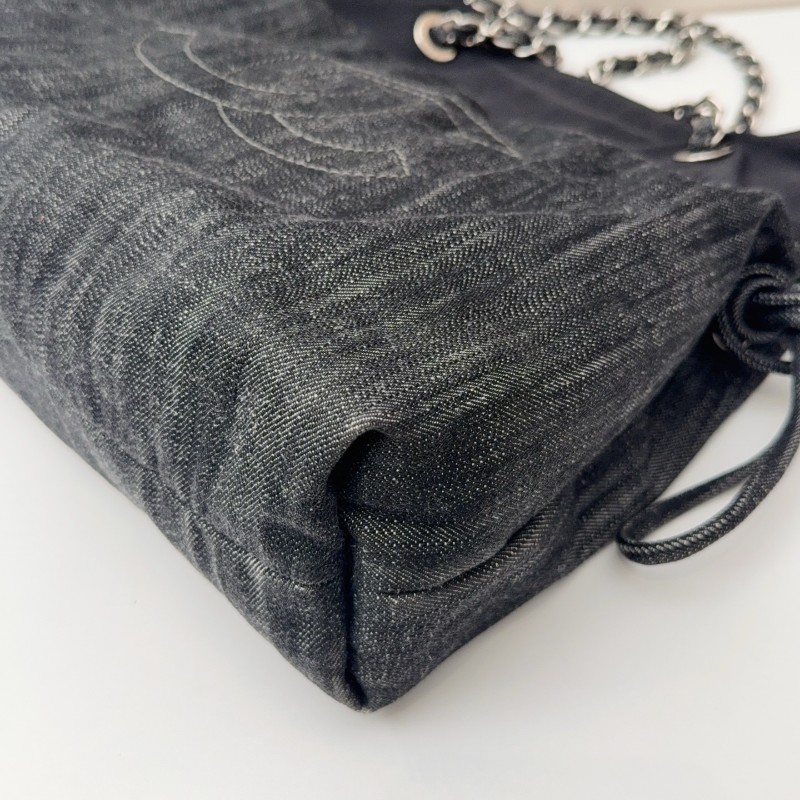 Chanel牛仔托特燒賣鏈條包 經典雙C刺繡 黑色牛仔-10