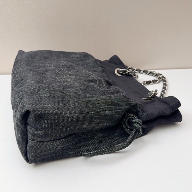 Chanel牛仔托特燒賣鏈條包 經典雙C刺繡 黑色牛仔-11