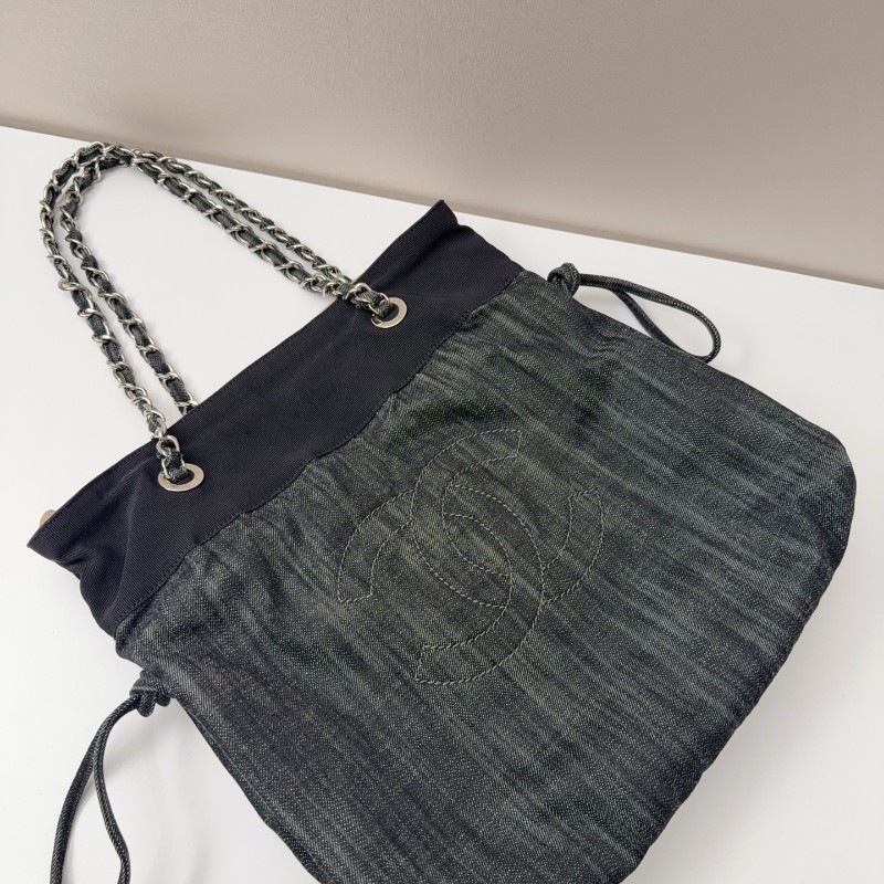 Chanel牛仔托特燒賣鏈條包 經典雙C刺繡 黑色牛仔-12