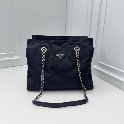 Prada 經典三角標黑銀機場鏈條包托特鏈條肩背包