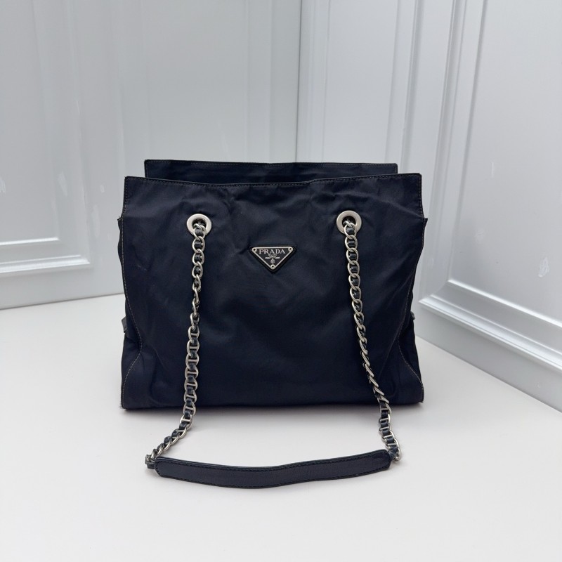 Prada 經典三角標黑銀機場鏈條包托特鏈條肩背包-0