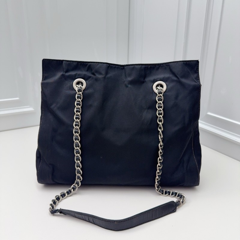 Prada 經典三角標黑銀機場鏈條包托特鏈條肩背包-1