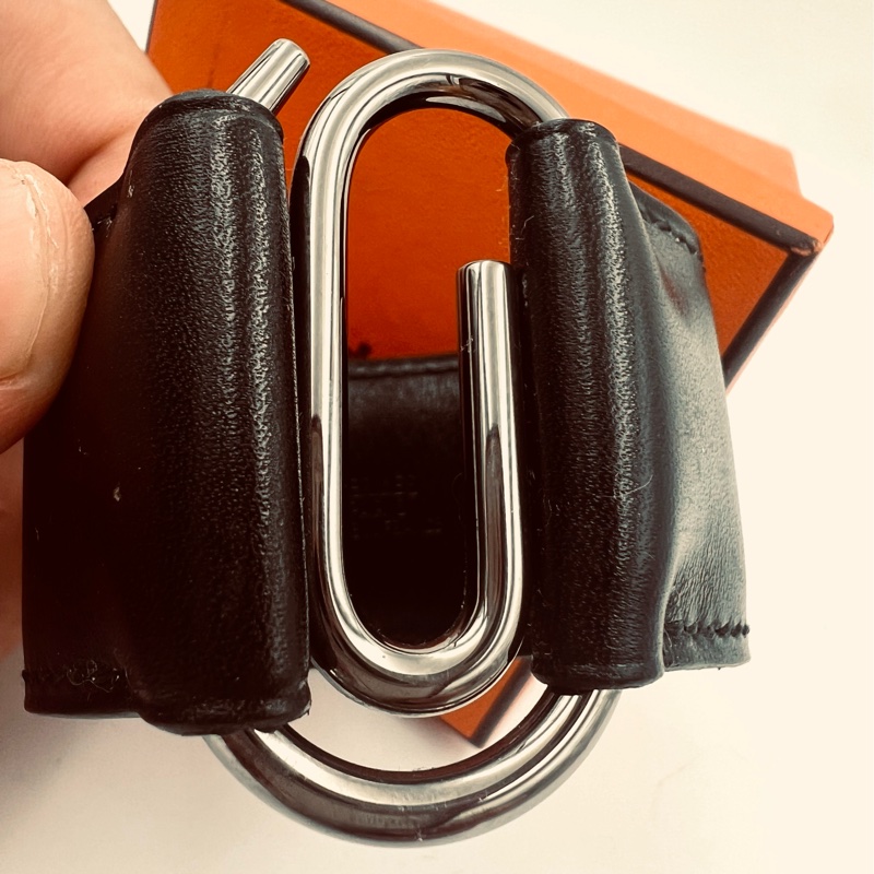 愛馬仕真皮黑色皮質冷色銀圈髮束或披肩束環。-4