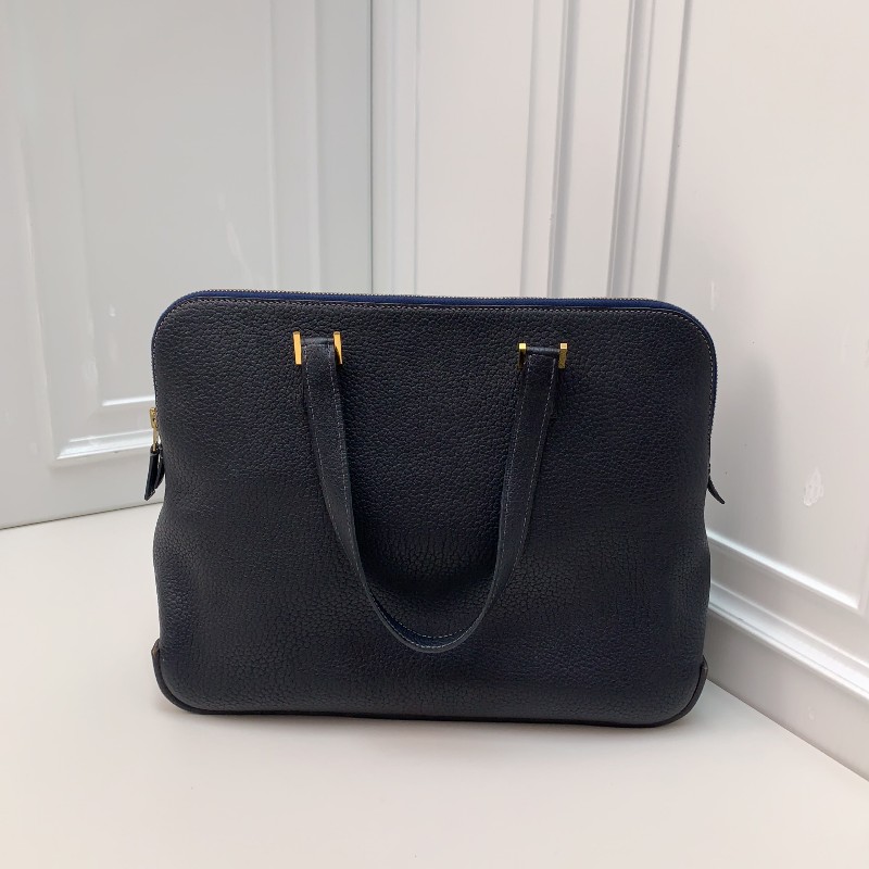 Hermes中古保齡球公文包藏藍色框E刻-1