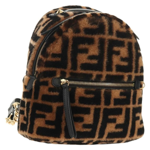 FENDI Zucca帆布Zainomini雙肩包 棕色 黑色 金色 正品 154921SAM