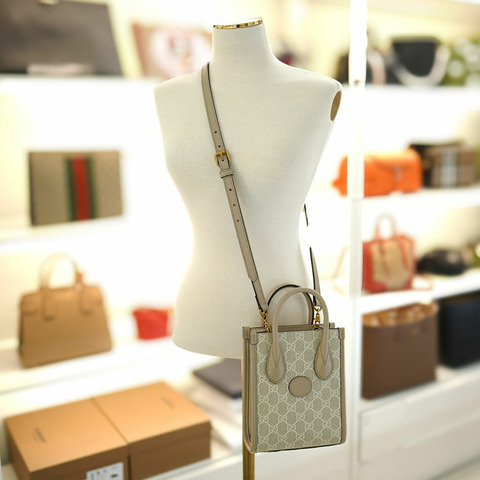 GUCCI 女士迷你手提斜背包 塗佈帆布 米色 671623 UULBT 9683