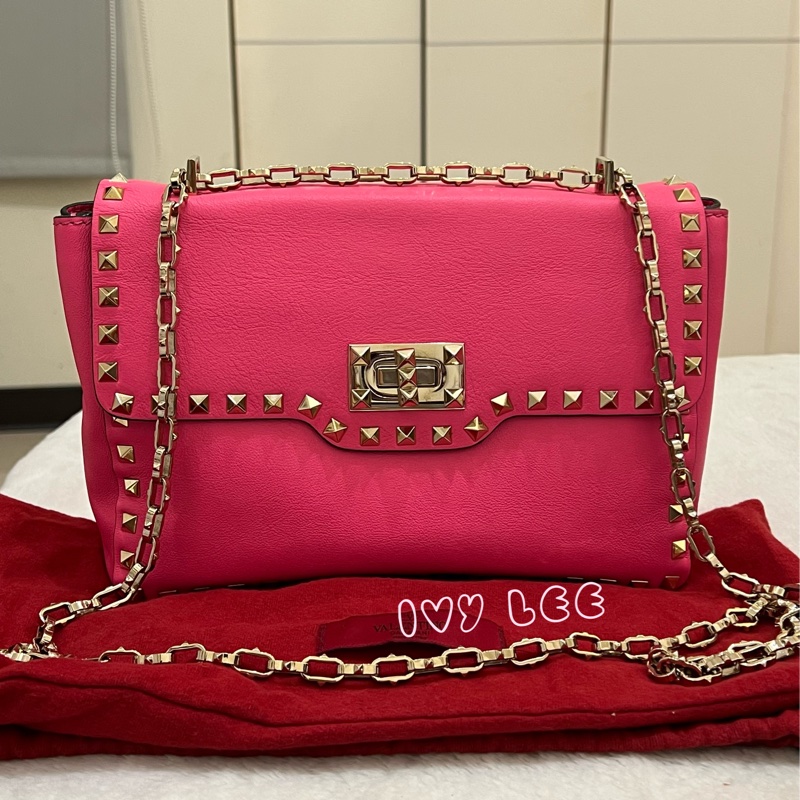 Valentino Garavani Rockstud Leather Crossbody粉紅鉚釘皮革斜背包正品二手精品-0