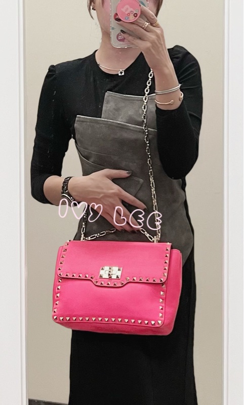 Valentino Garavani Rockstud Leather Crossbody粉紅鉚釘皮革斜背包正品二手精品-31
