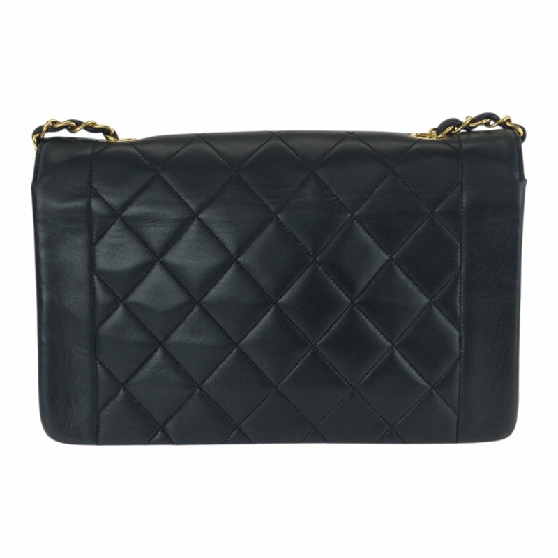 復古香奈兒 (CHANEL) 絎縫 Diana 翻蓋可可標誌黑色羊皮單肩包,配金色五金配件和鏈條,女士款-1