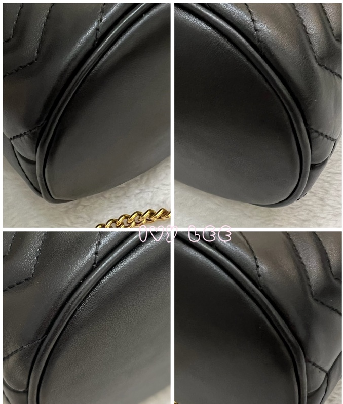 GUCCI Marmont仿舊金色雙G LOGO 山字車紋小牛皮斜背包 水桶包 經典黑575163 正品 二手精品-10