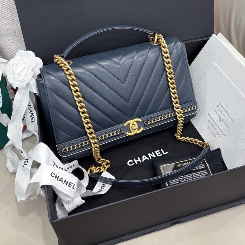 【近新閒置品】Chanel 深藍色V紋手提鏈條包單肩包24開-0