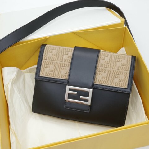 Fenidi 芬迪 Flat Baguette 緹花拼接 駝色 黑色 翻蓋斜背包 肩背包