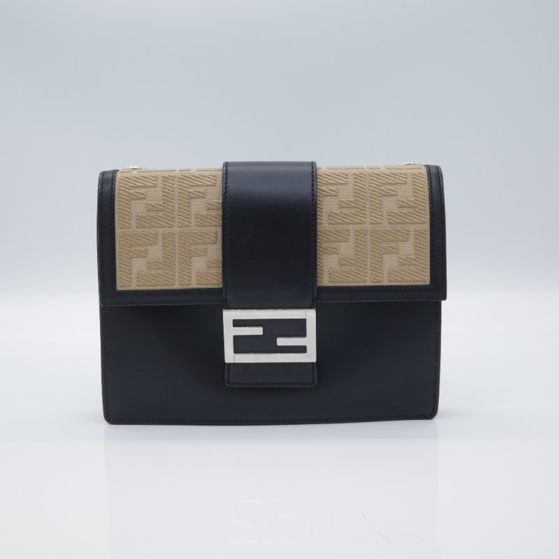 Fenidi 芬迪 Flat Baguette 緹花拼接 駝色 黑色 翻蓋斜背包 肩背包-2
