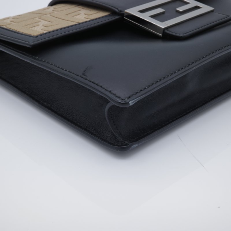 Fenidi 芬迪 Flat Baguette 緹花拼接 駝色 黑色 翻蓋斜背包 肩背包-7