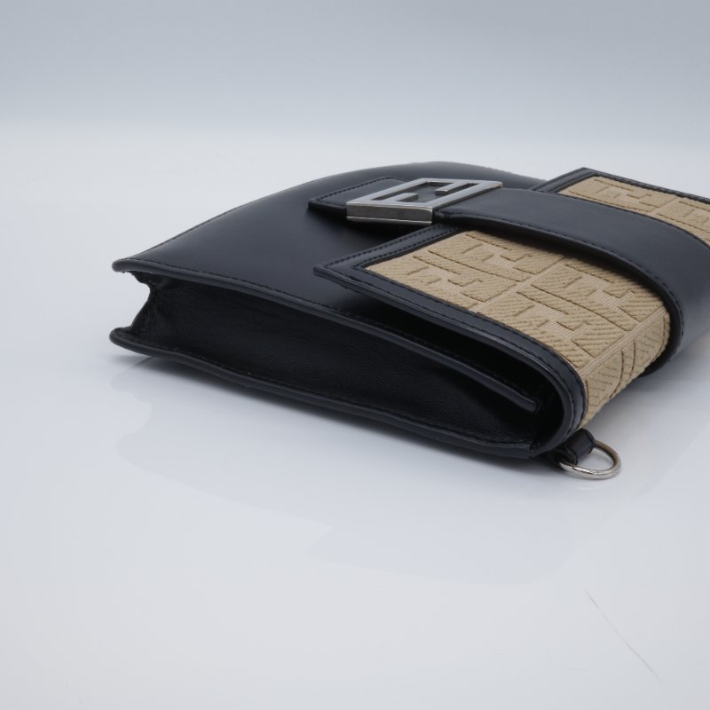 Fenidi 芬迪 Flat Baguette 緹花拼接 駝色 黑色 翻蓋斜背包 肩背包-9