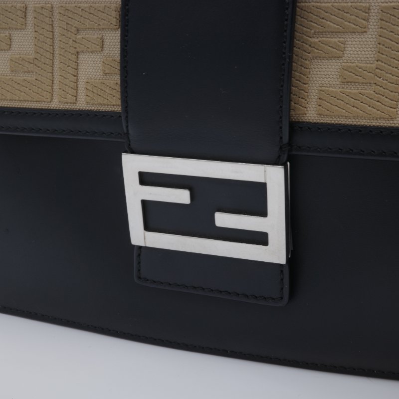 Fenidi 芬迪 Flat Baguette 緹花拼接 駝色 黑色 翻蓋斜背包 肩背包-12