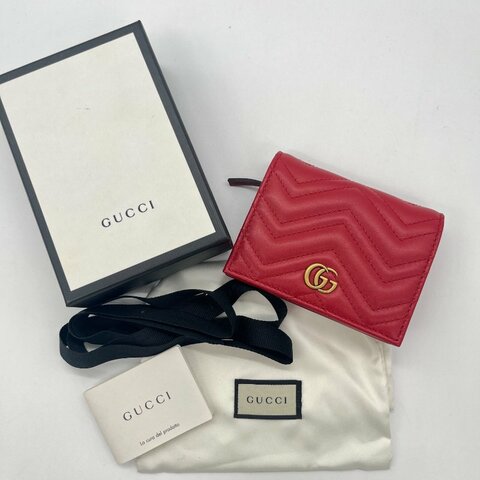 Gucci 古馳 GG Marmont 紅色 菱格紋 牛皮 短夾