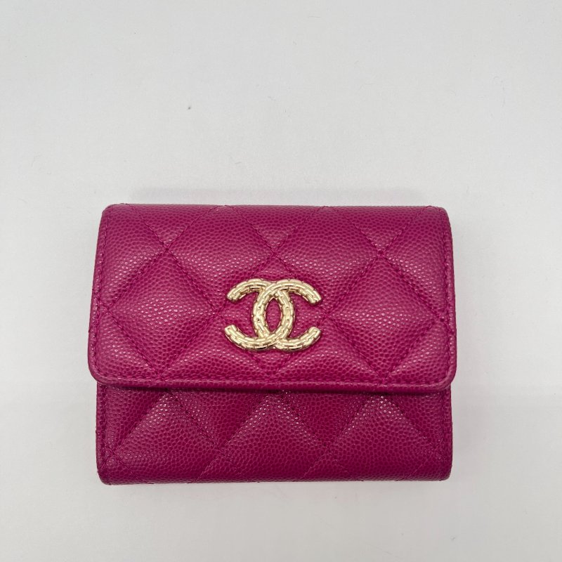 Chanel 香奈兒 經典菱格 荔枝紋 翻蓋 紫色 酒紅色  小牛皮 材質 卡包 短夾 卡夾-0