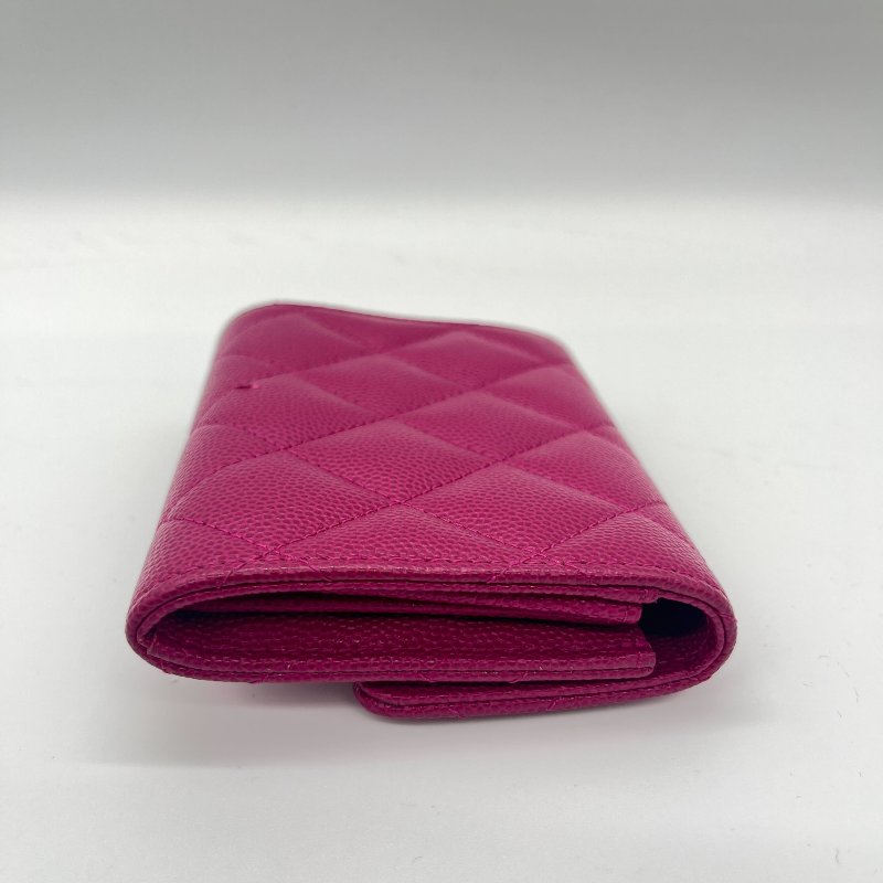 Chanel 香奈兒 經典菱格 荔枝紋 翻蓋 紫色 酒紅色  小牛皮 材質 卡包 短夾 卡夾-5