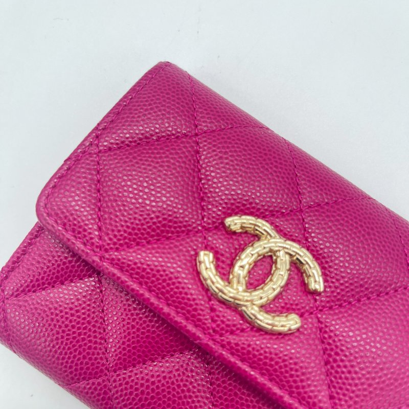 Chanel 香奈兒 經典菱格 荔枝紋 翻蓋 紫色 酒紅色  小牛皮 材質 卡包 短夾 卡夾-6