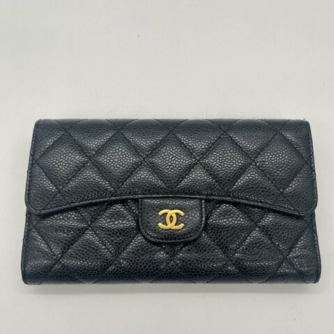 Chanel 香奈兒 Long Wallet 經典扣式 黑色 荔枝紋 牛皮 淡金釦 長夾