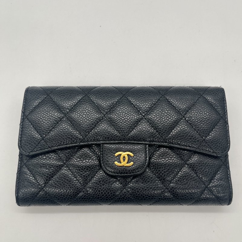 Chanel 香奈兒 Long Wallet 經典扣式 黑色 荔枝紋 牛皮 淡金釦 長夾-0