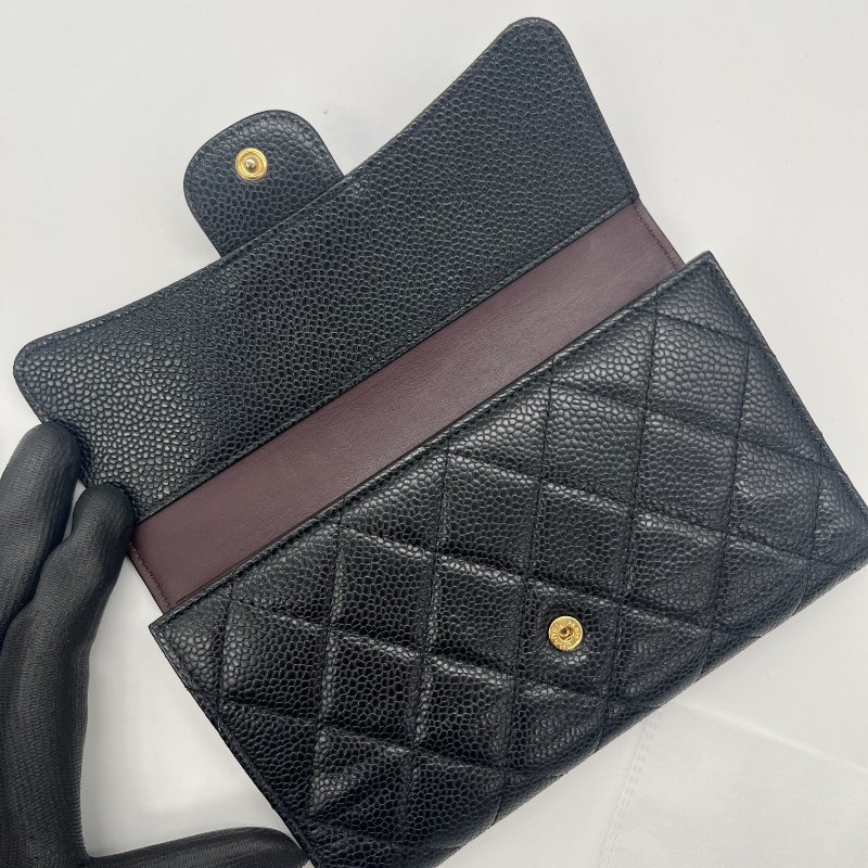 Chanel 香奈兒 Long Wallet 經典扣式 黑色 荔枝紋 牛皮 淡金釦 長夾-9