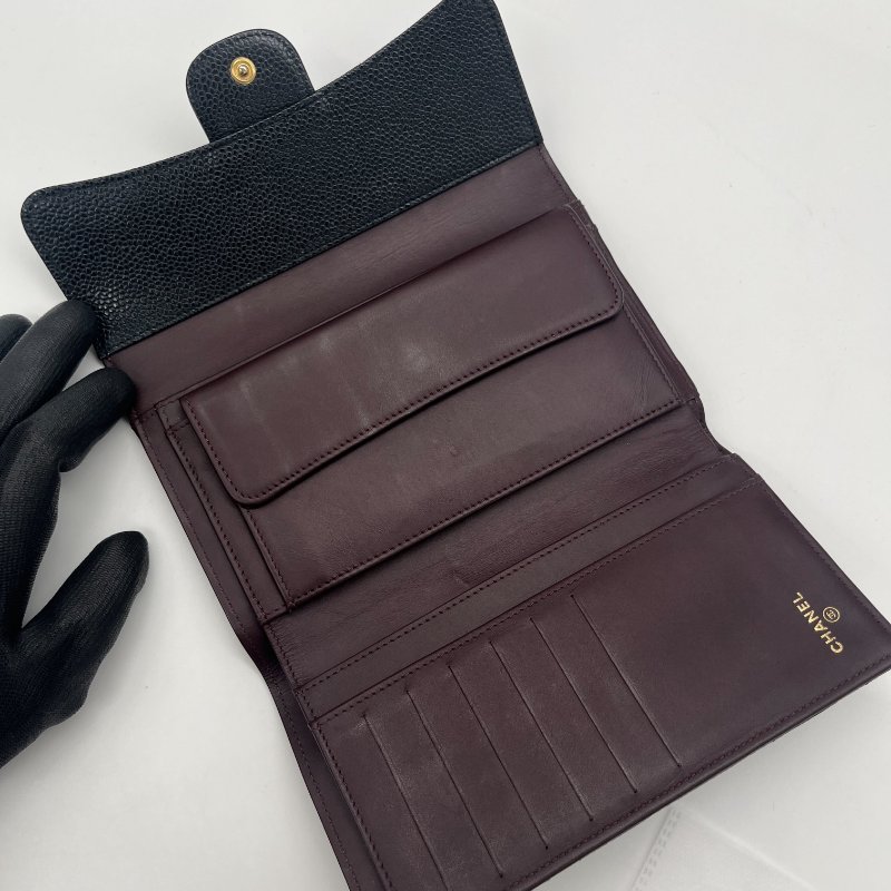 Chanel 香奈兒 Long Wallet 經典扣式 黑色 荔枝紋 牛皮 淡金釦 長夾-10