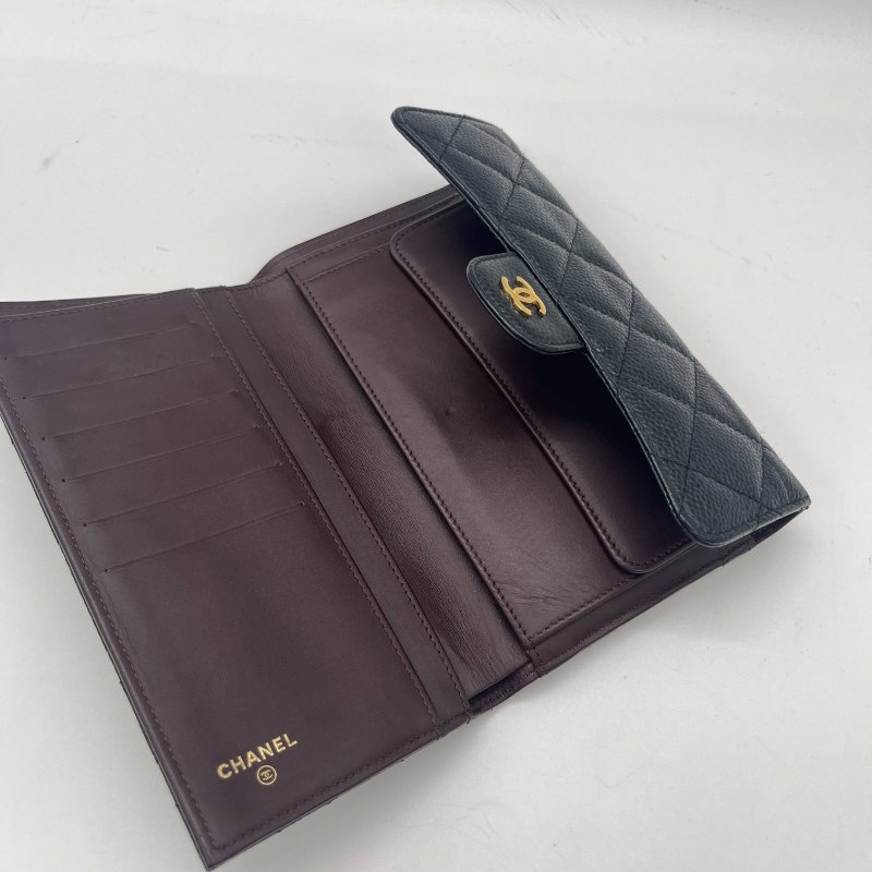 Chanel 香奈兒 Long Wallet 經典扣式 黑色 荔枝紋 牛皮 淡金釦 長夾-11