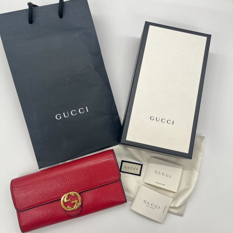 Gucci 古馳 GG 紅色 荔枝紋 皮革 肩背 長夾 錢包-0