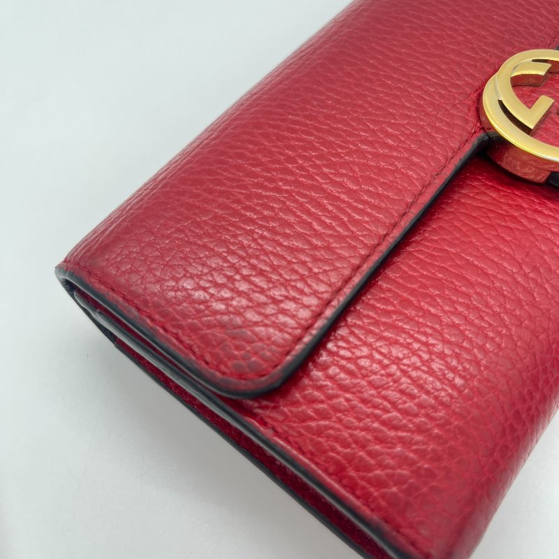 Gucci 古馳 GG 紅色 荔枝紋 皮革 肩背 長夾 錢包-10