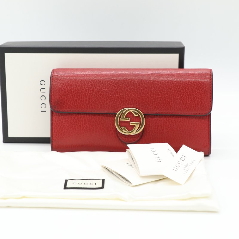 Gucci 古馳 GG 紅色 荔枝紋 皮革 肩背 長夾 錢包-0