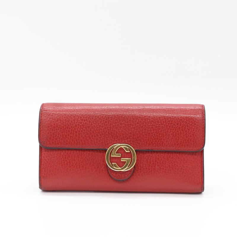 Gucci 古馳 GG 紅色 荔枝紋 皮革 肩背 長夾 錢包-1