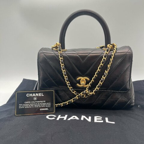 Chanel 香奈兒 Medium Coco  黑色 人字紋 牛皮 金釦 鍊條包 手提包