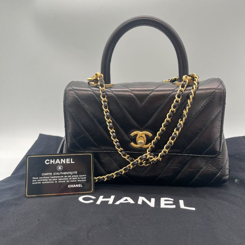 Chanel 香奈兒 Medium Coco 黑色 人字紋 牛皮 金釦 鍊條包 手提包-0