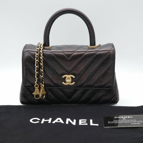 Chanel 香奈兒 Medium Coco  黑色 人字紋 牛皮 金釦 鍊條包 手提包